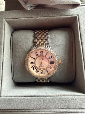 Michele Two-Tone Crystal Bezel Watch with Pink Mother-of-Pearl Dial